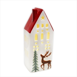 Domek svícen LED keramika 18,5cm červená - velkoobchod, dovoz květin, řezané květiny Brno